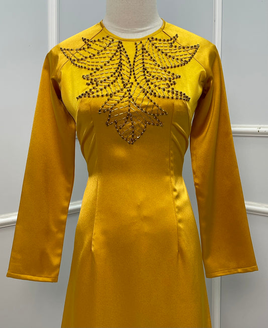 RB07 Áo only - Áo dài lụa ruby màu Vàng cổ đính