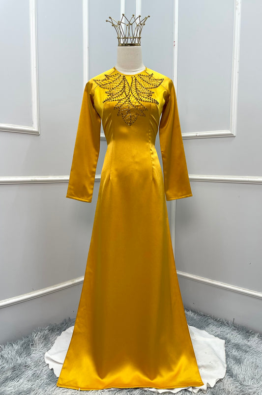 RB07 Áo only - Áo dài lụa ruby màu Vàng cổ đính