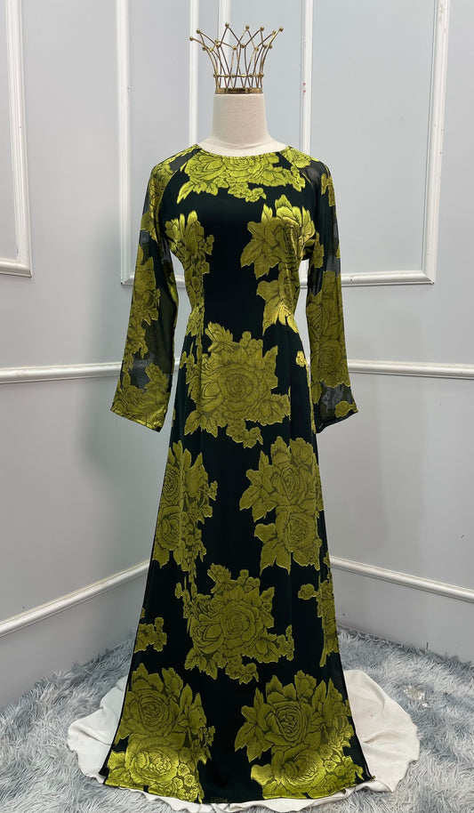 L0273 Áo only - Áo tơ thêu hoa truyền thống màu vàng đen