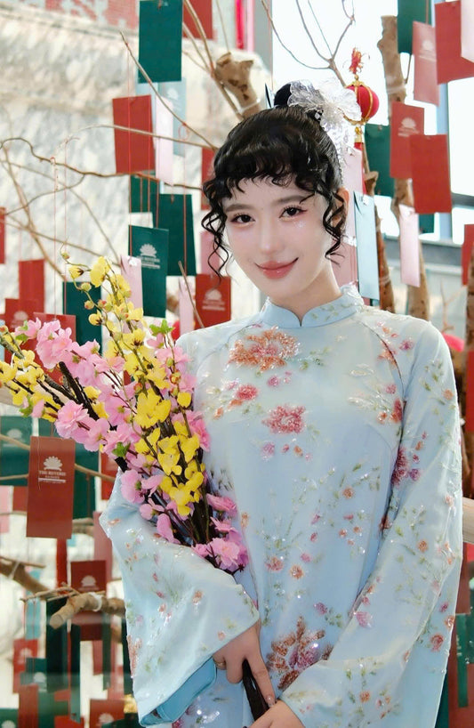 M233 Áo only - Áo dài tơ dệt nổi 4 tà màu xanh da trời