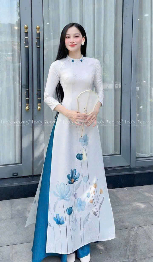 L1673 Áo only - Áo lụa gấm trắng in hoa
