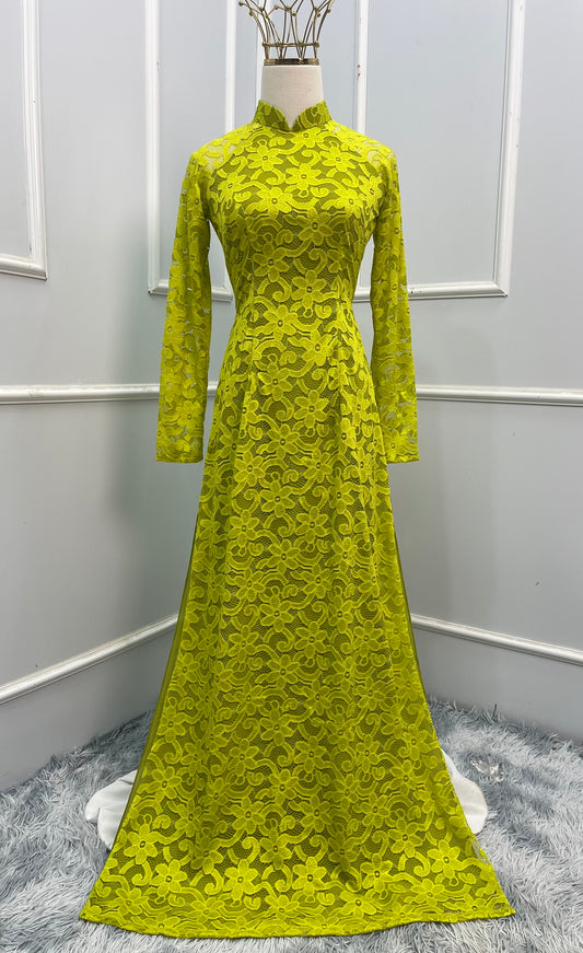 L772 Áo only - Áo dài ren 4 tà màu xanh cốm