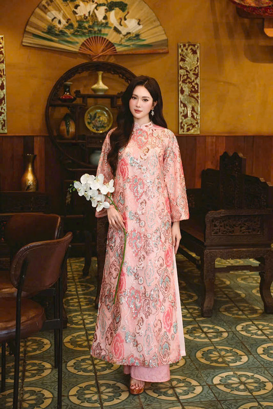 M562 Áo only - Áo dài suông thiết kế đính màu hồng cam