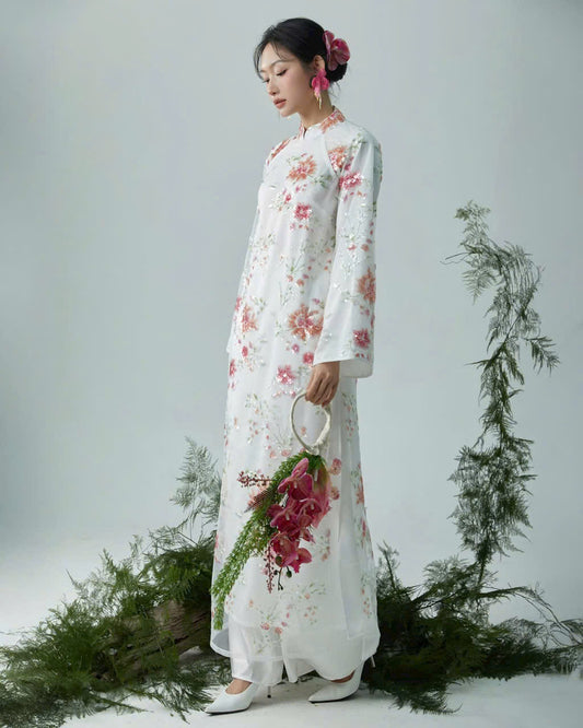 M563 Áo only - Áo suông đính hoa màu cốm và màu trắng