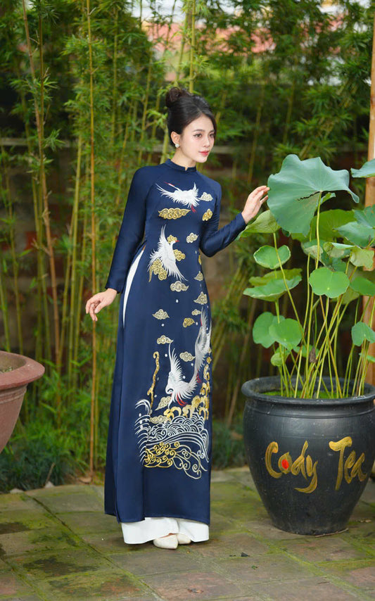 M293 - Áo dài thêu hạc trắng