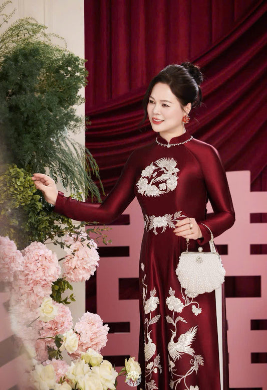 RB08 only áo - Áo dài thiết kế lụa ruby cao cấp đính kết màu đỏ