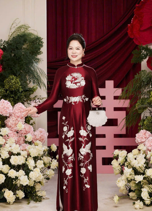 RB08 only áo - Áo dài thiết kế lụa ruby cao cấp đính kết màu đỏ