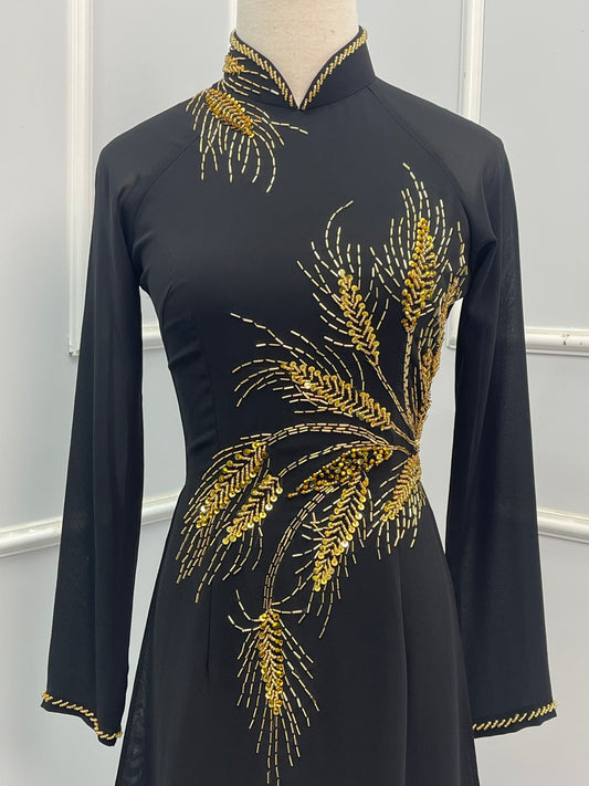 L1372 Áo only - Áo dài chiffon thiết kế đính đá màu đen