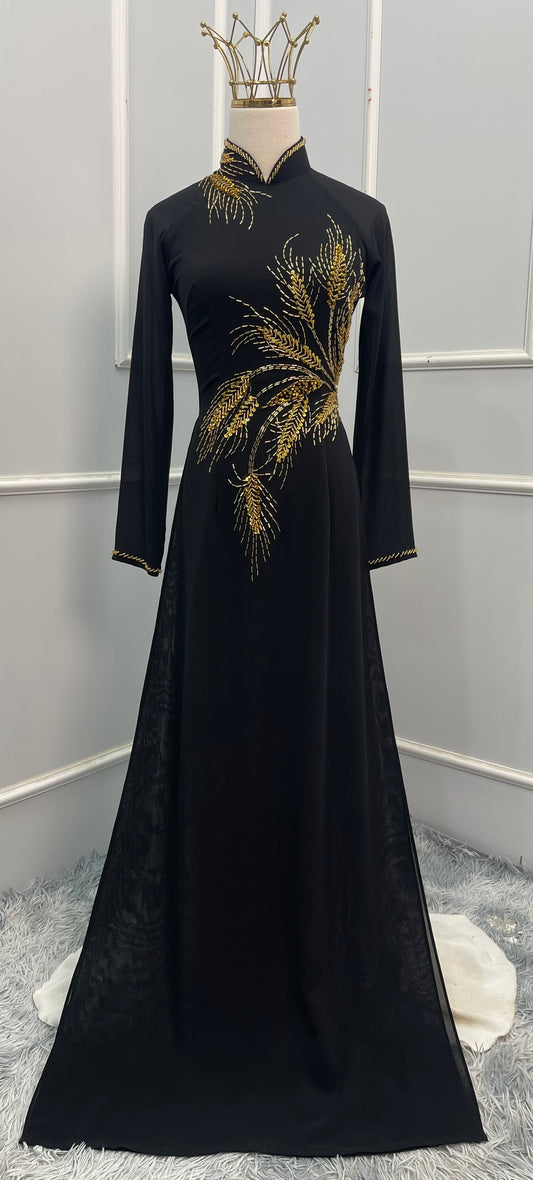 L1372 Áo only - Áo dài chiffon thiết kế đính đá màu đen