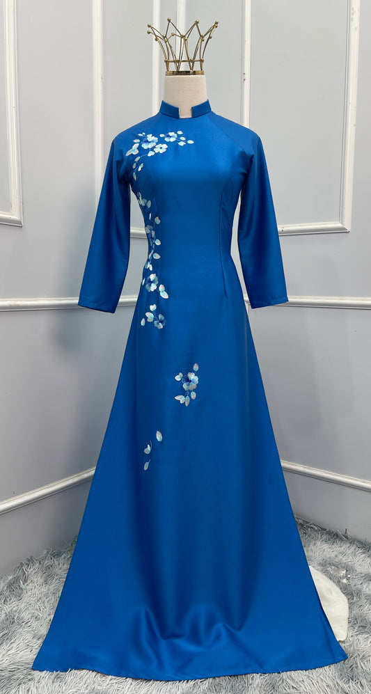 L1375 Áo only - Áo dài xanh thêu hoa