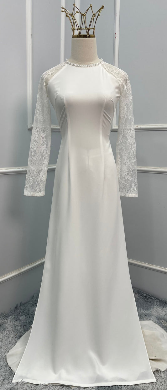 L1371 Áo only - Áo dài ren trắng lụa mỹ