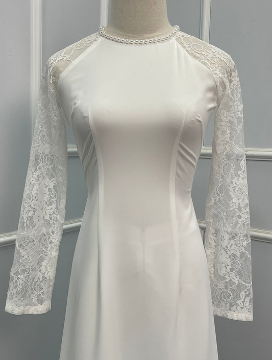 L1371 Áo only - Áo dài ren trắng lụa mỹ