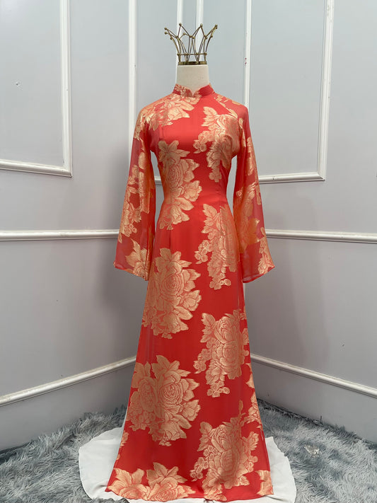 T478 Áo only - Áo dài tơ silk 4 tà hoa cam