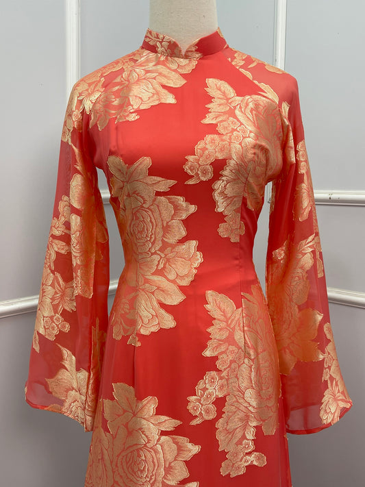 T478 Áo only - Áo dài tơ silk 4 tà hoa cam