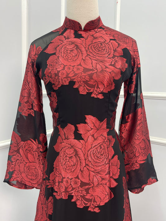 T479 Áo only - Áo dài tơ lụa silk màu đen hoa đỏ
