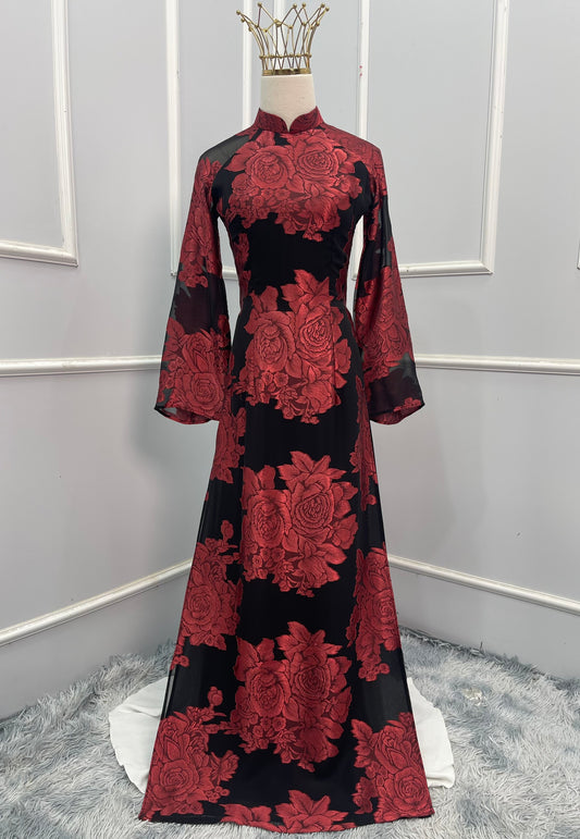 T479 Áo only - Áo dài tơ lụa silk màu đen hoa đỏ