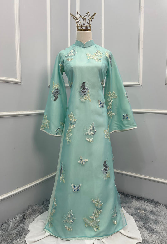 T484 Áo only - Áo dài tơ dệt nổi hoa màu xanh ngọc