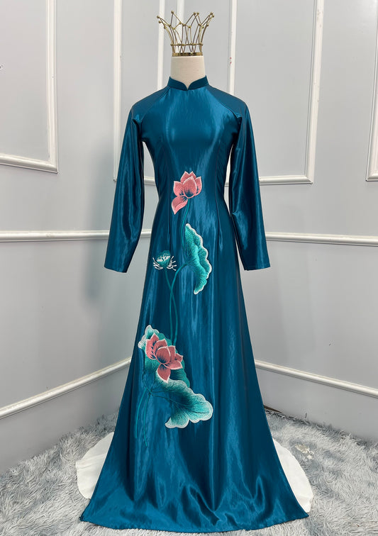 T489 Áo only - Áo dài lụa satin xanh cổ vịt