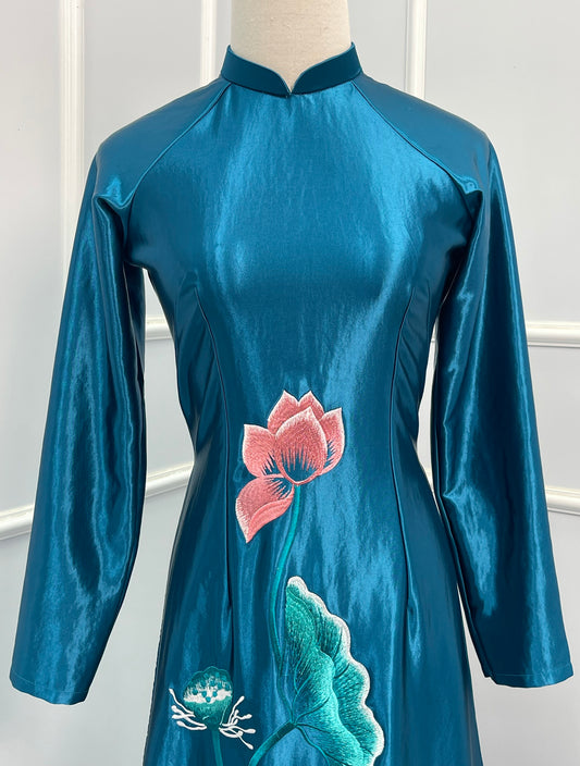 T489 Áo only - Áo dài lụa satin xanh cổ vịt