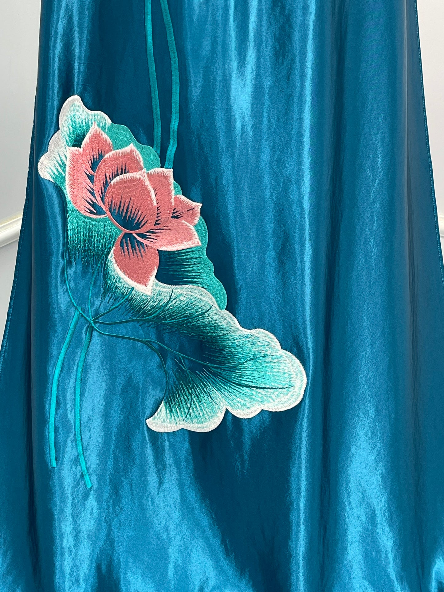 T489 Áo only - Áo dài lụa satin xanh cổ vịt