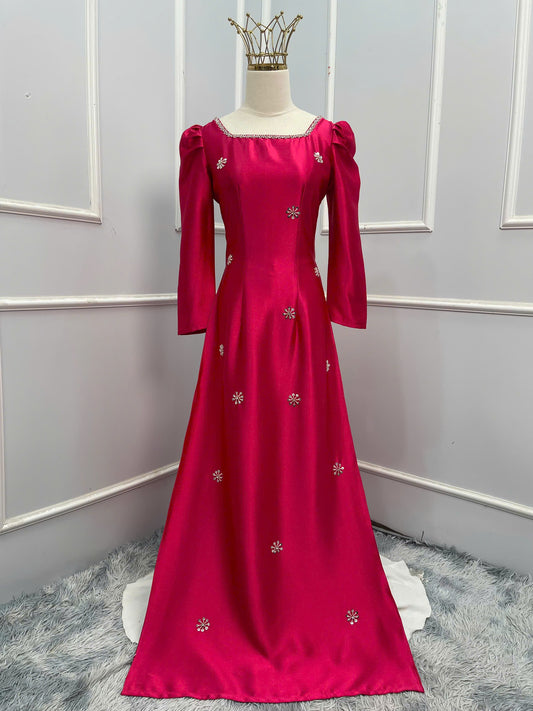 T492 Áo only - Áo dài lụa ruby màu hồng sen đính đá