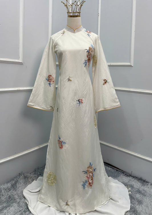 T495 Áo only - Áo dài tơ trắng thêu hoa dập nổi