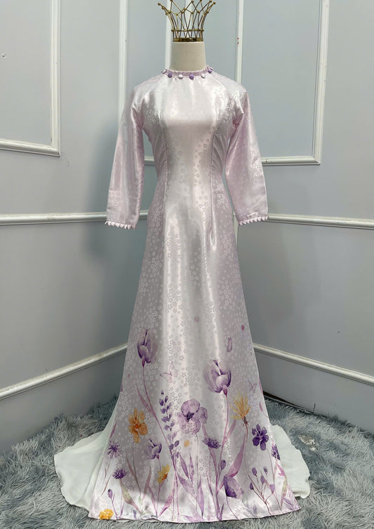 T494 Áo only - Áo dài gấm màu tím cổ xếp
