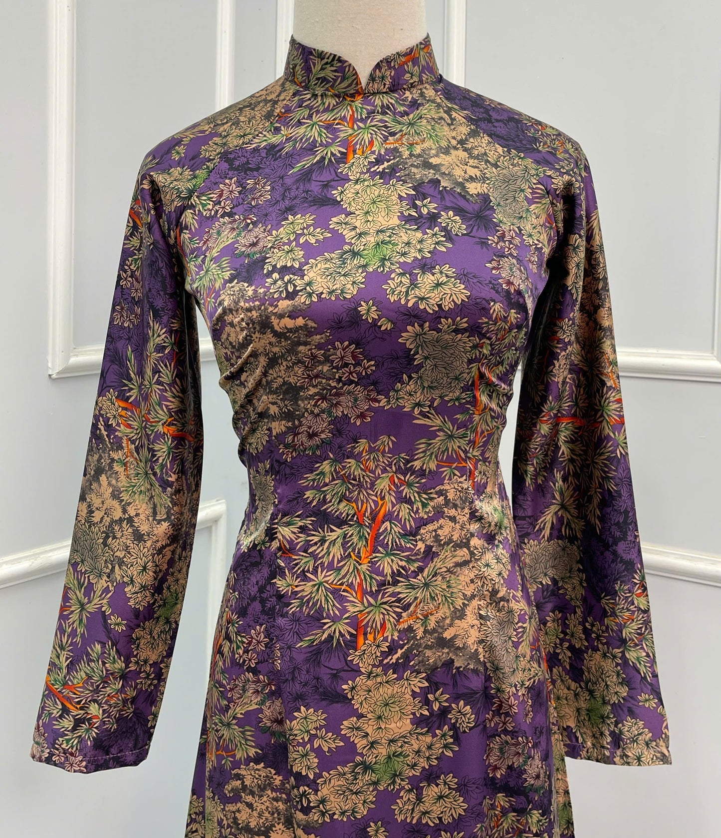 H133 Áo only - Áo dài lụa in hoa lá màu tím than