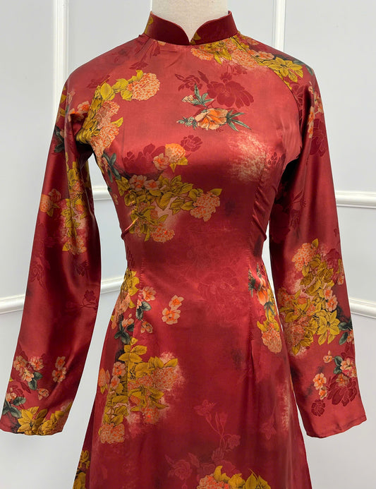 H134 Áo only - Áo dài lụa in hoa màu đỏ cam