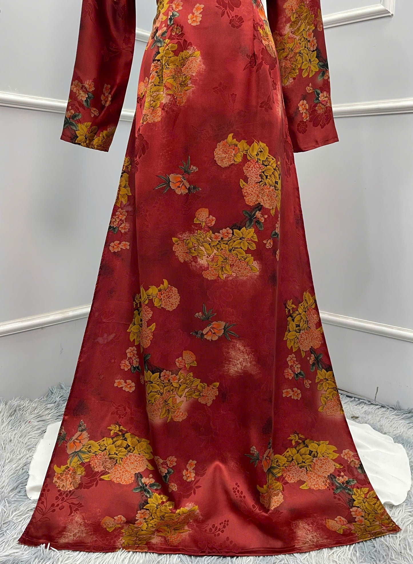 H134 Áo only - Áo dài lụa in hoa màu đỏ cam