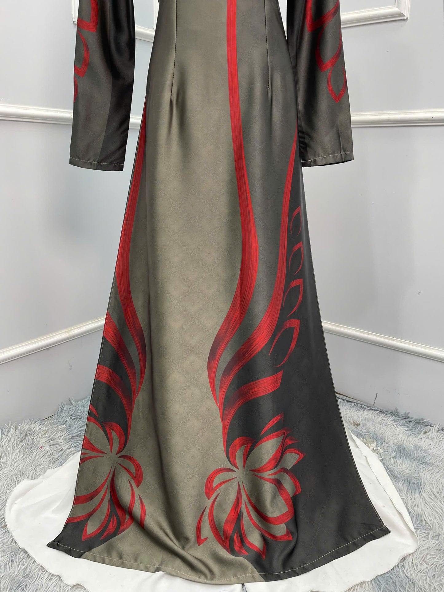 H136 Áo only - Áo dài lụa in xám rêu hoa văn đỏ