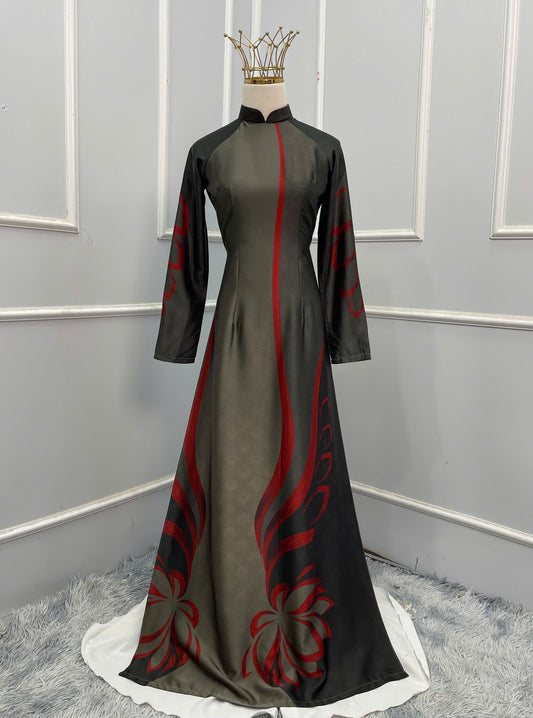 H136 Áo only - Áo dài lụa in xám rêu hoa văn đỏ