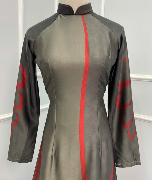 H136 Áo only - Áo dài lụa in xám rêu hoa văn đỏ