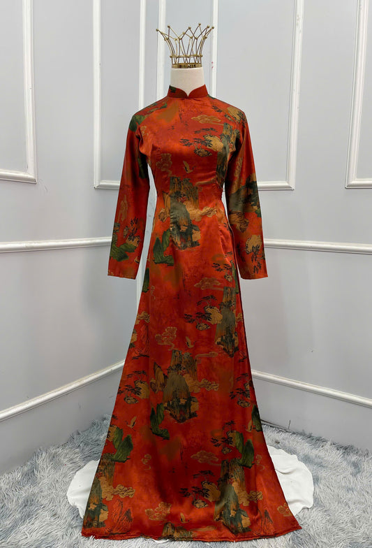 H141 Áo only - Áo dài lụa đỏ sơn hà