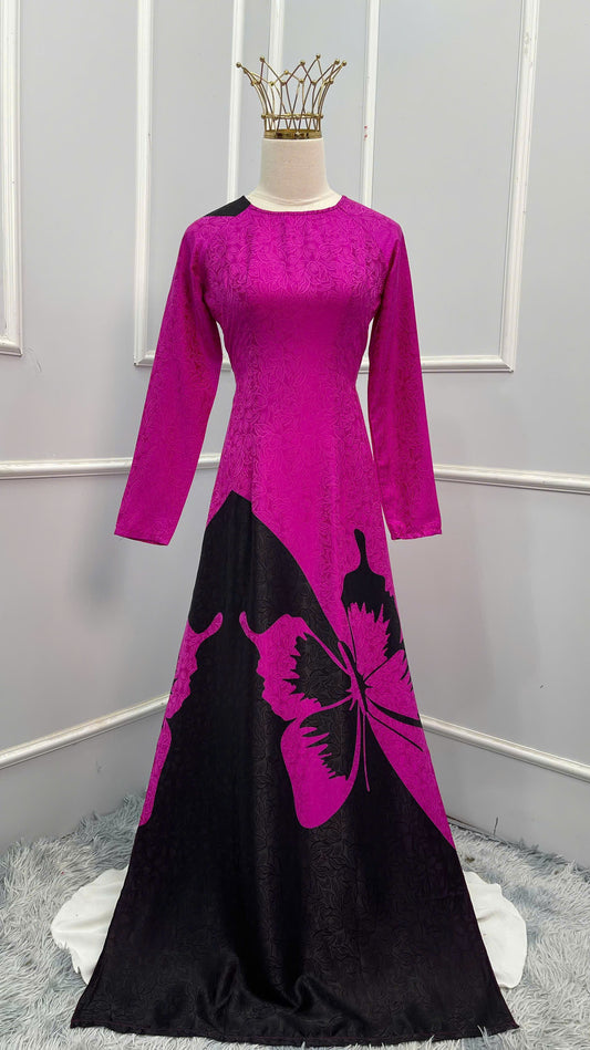 H140 Áo + Quần váy cùng chất- Áo dài lụa hồng sen hoạ tiết bướm