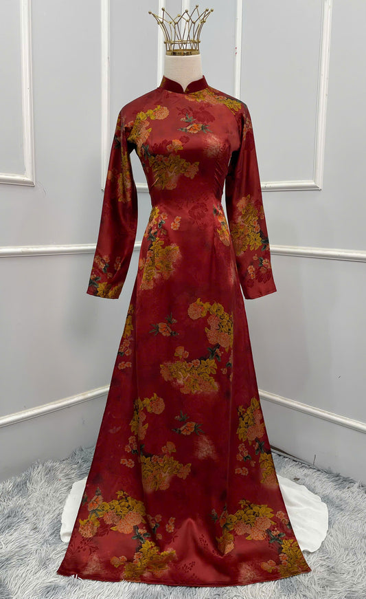 H134 Áo only - Áo dài lụa in hoa màu đỏ cam