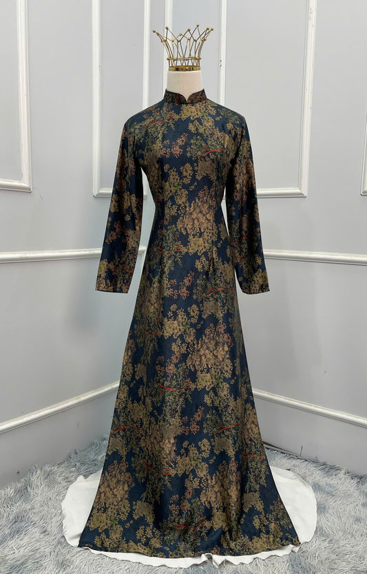 H132 Áo only - Áo dài lụa in hoa lá màu xanh than