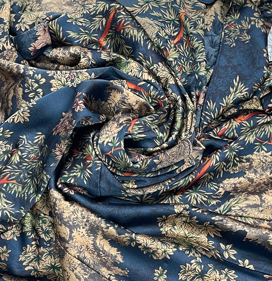 H132 Áo only - Áo dài lụa in hoa lá màu xanh than