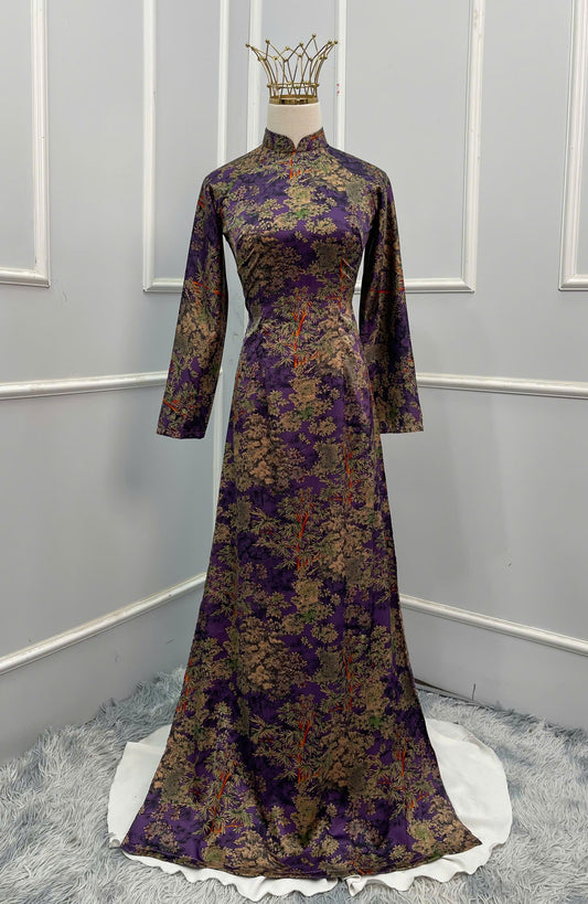 H133 Áo only - Áo dài lụa in hoa lá màu tím than