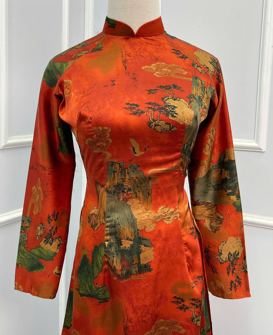H141 Áo only - Áo dài lụa đỏ sơn hà