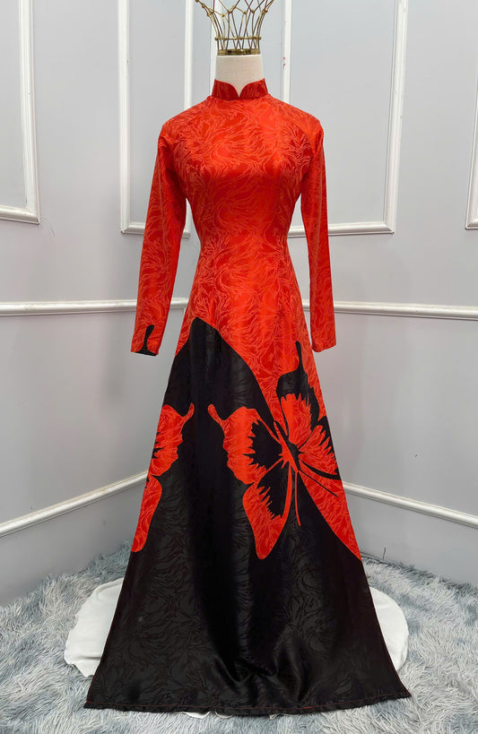 H139 Áo + Quần váy cùng chất- Áo dài lụa họa tiết bướm màu cam phối đen