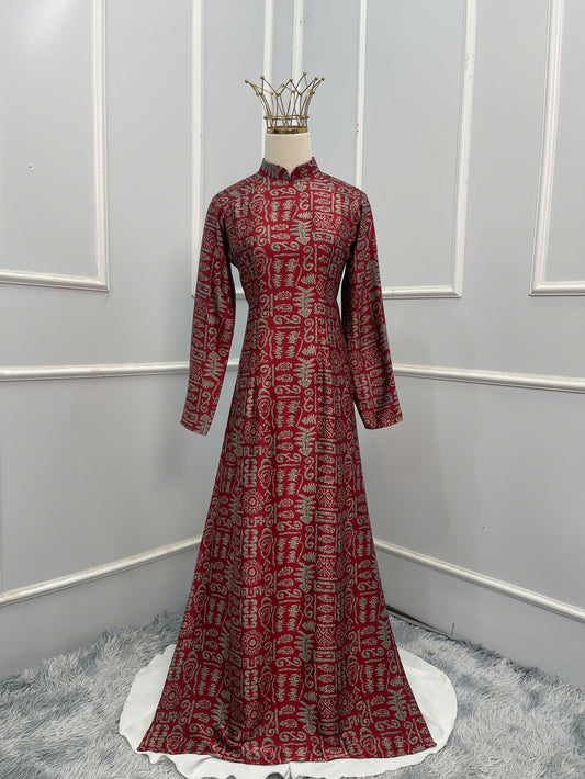 H142 Áo only - Áo dài đỏ họa tiết thư pháp