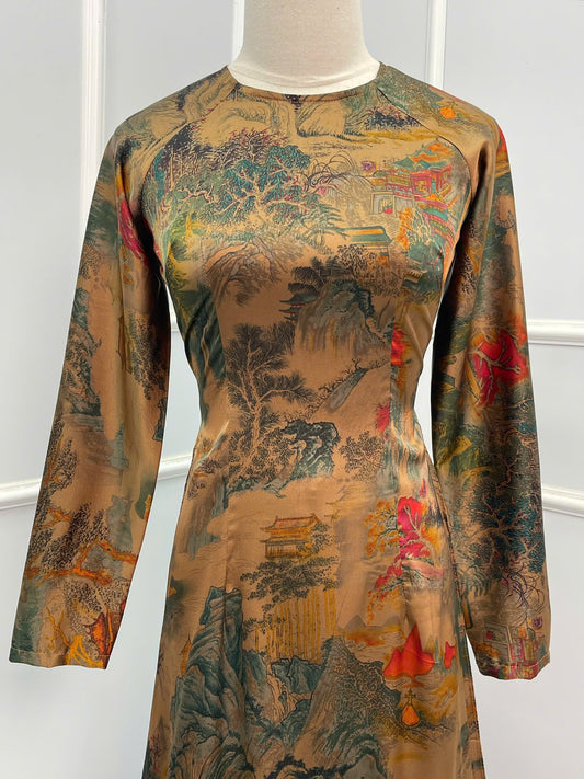 H147 Áo only - Áo dài lụa nâu họa tiết sơn thủy