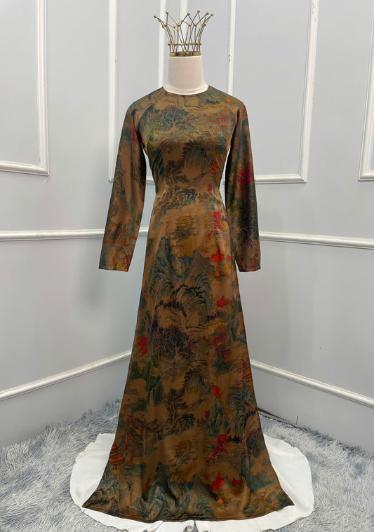 H147 Áo only - Áo dài lụa nâu họa tiết sơn thủy