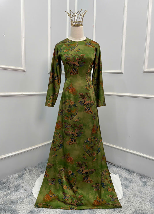 H144 Áo only - Áo dài lụa xanh họa tiết chim hạc