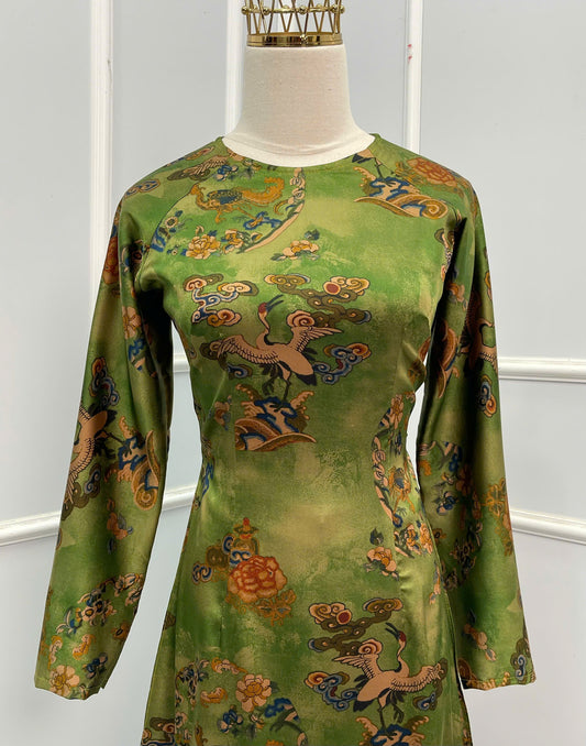 H144 Áo only - Áo dài lụa xanh họa tiết chim hạc