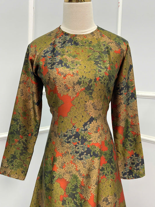 H148 Áo only -Áo dài lụa xanh cam họa tiết hoa