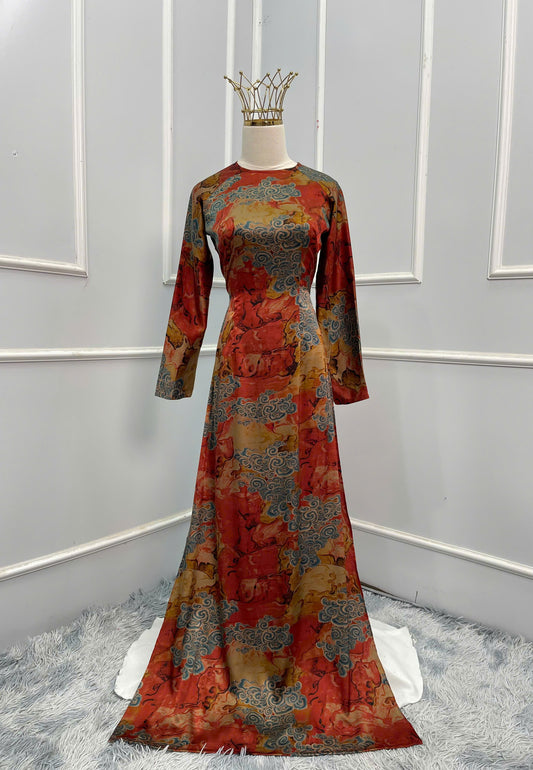 H152 1082 Áo only - Áo dài lụa đỏ họa tiết vân mây