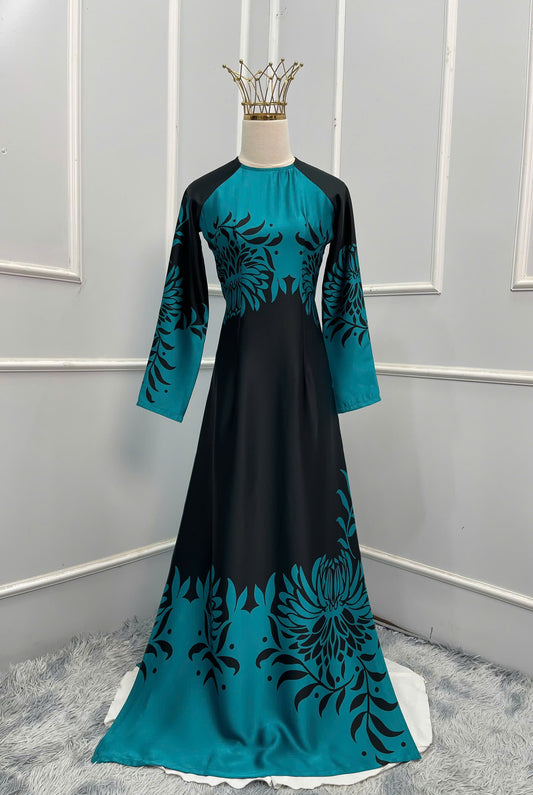 H151 Áo only - Áo dài màu xanh họa tiết lá