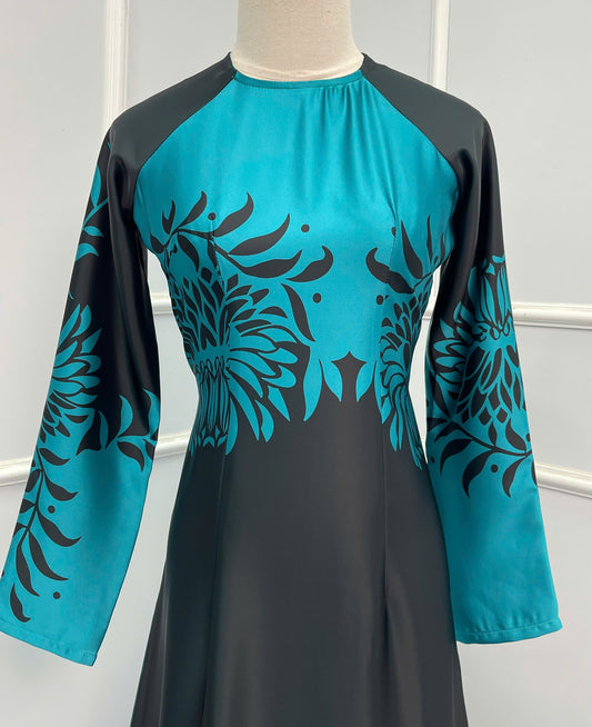 H151 Áo only - Áo dài màu xanh họa tiết lá